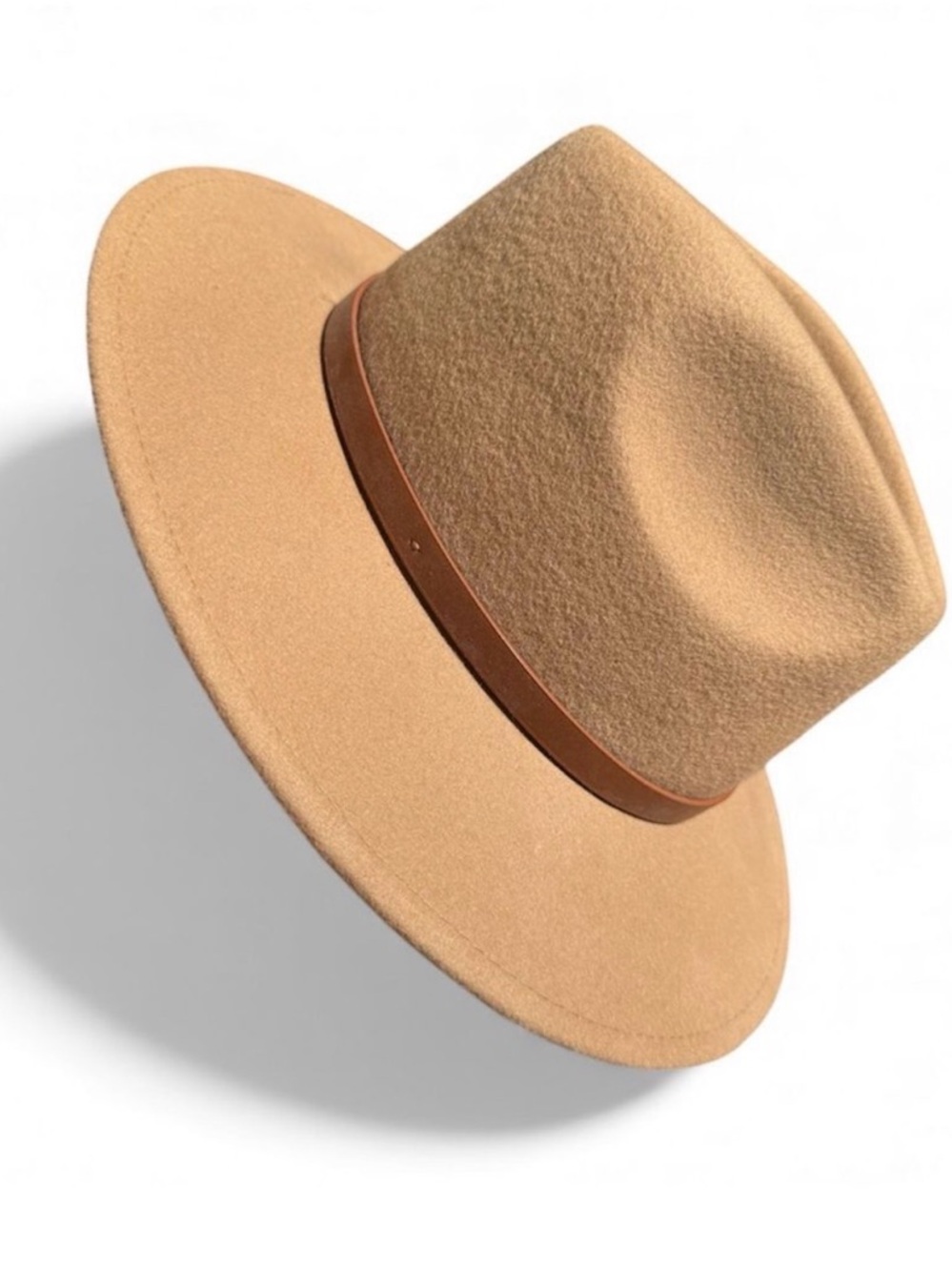 Anthro Wool Fedora Hat Camel Brown Leather Band Boho Western Chic